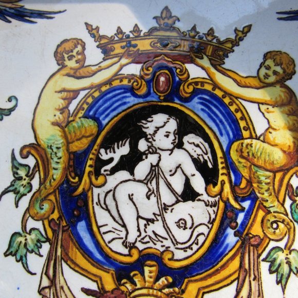 Antique French Faience MAJOLICA Serving Dish Mythical Creatures SIGNED - Picture 2 of 8